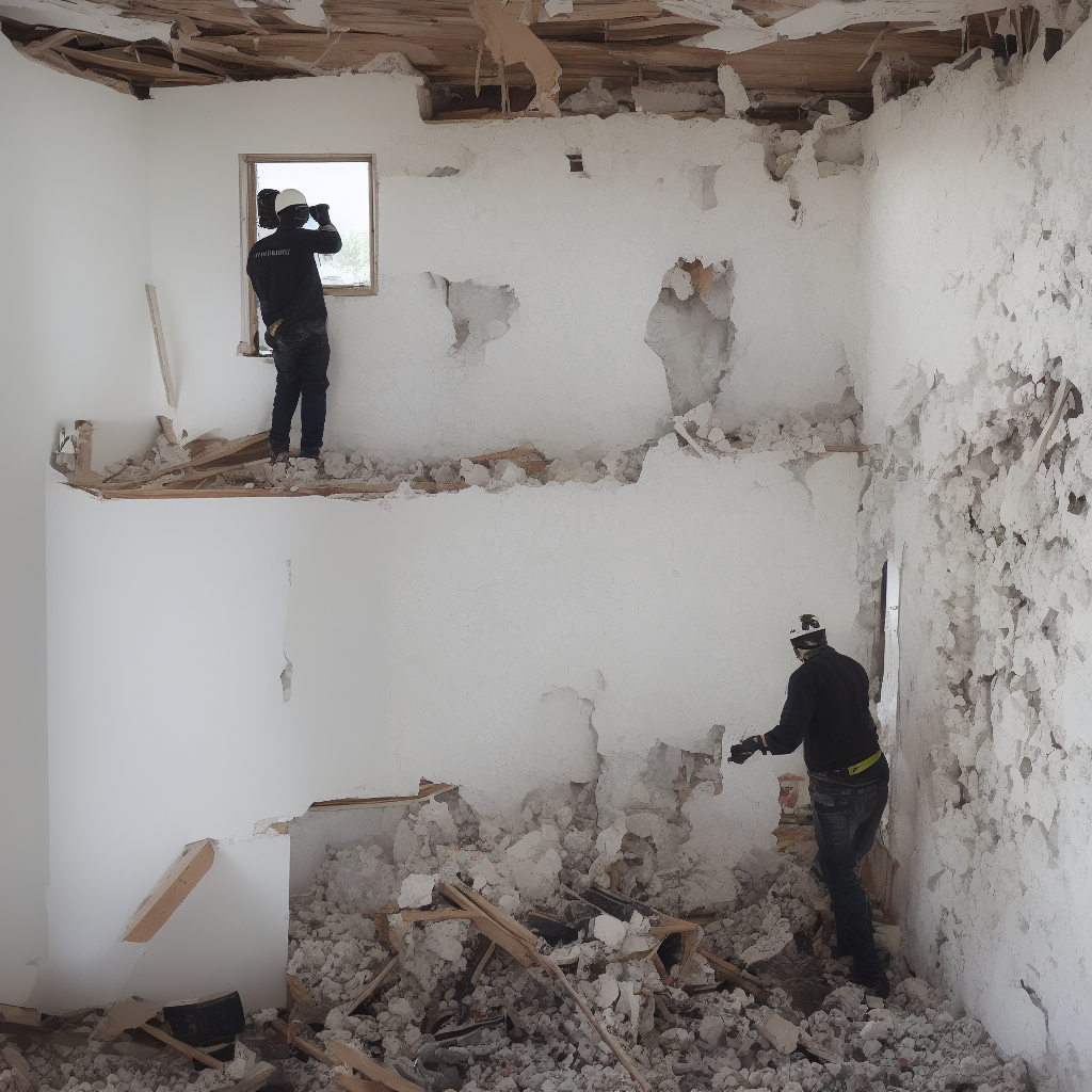 Intérieur d'une maison en cours de démolition par des ouvriers
